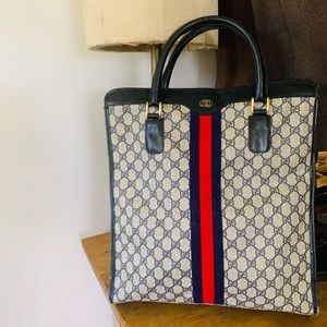 GUCCI vintage navy blue and red monogrammed tote bag